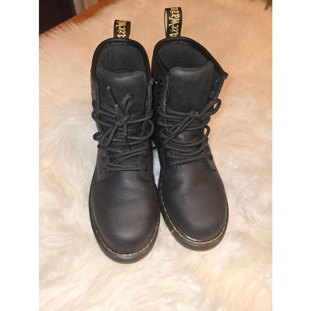 Dr. Martens Kids Black Lace-Up Combat Boots with Yellow Stitching